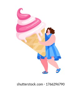 Pequeña Persona Femenina con Enorme Crema de Hielo Fruta en Cono Waffle. Comida De Verano, Delicioso Postre Dulce, Frío. Niña con icecream aislada de fondo blanco. Ilustración del vector de dibujos animados
