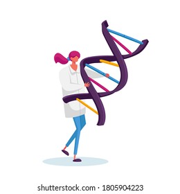 Tiny Female Character Carry Huge Human Dna Spiral Model. Doctor Conduct Laboratory Genetics Research Medicine Testing Technology, Genetic Working on Medicine Investigation. Cartoon Vector Illustration