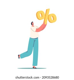 Tiny Female Character Carry Huge Percent Sign in Hands Isolated on White Background. Discount, Sale, Bank Loan or Credit. Loyalty Program, Promotion Concept. Cartoon People Vector Illustration