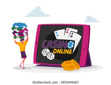Tiny Female Character Carry Pile of Poker Chips at Huge Tablet Pc with Online Casino Application on Screen. Woman Gaming, Earn Money in Internet, Online Income, Gambling. Cartoon Vector Illustration