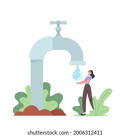 Tiny Female Character Catch Water Drop from Huge Tap. Woman Buying Clean Drinking Water, Customer Purchasing Fresh Aqua for Good Health, Well Being and Freshness. Cartoon People Vector Illustration