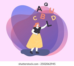 Tiny female character catching letters. Author searching for inspiration for new novel or poetry book flat vector illustration. Literature, creative imagination, reading concept