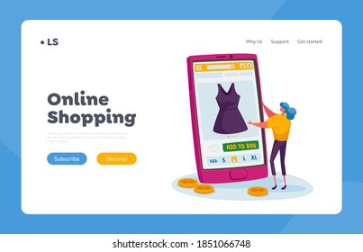 Tiny Female Character Choose Dress on Huge Smartphone Landing Page Template. Online Shopping. Girl Buy Apparel at Gadget Screen Using App, Digital Purchase, Internet Store. Cartoon Vector Illustration