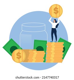 Tiny female character collects gold coins in a huge glass jar. Woman makes savings, collection of money into account, open bank deposit. Family finance budget savings concept. 