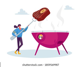 Tiny Female Character Cooking Streetfood at Summer in Outdoor Barbeque. Street Food, Takeaway Junk Meals. Bbq Party, Woman with Beefsteak on Fork Frying Meat on Oven. Cartoon Vector Illustration