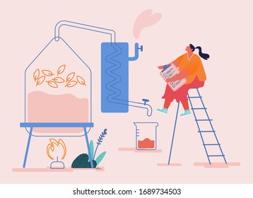 Tiny Female Character Create new Recipe Distilling Liquid in Apparatus for Essential Oil Extraction in Lab. Cosmetic Perfumery Production, Floral Toilet Water Fragrance. Cartoon Vector Illustration