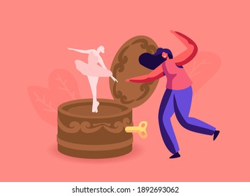 Tiny Female Character Dancing at Huge Music Box with Ballerina. Vintage Musical Instrument or Decorative Souvenir Playing Melody. Retro Wooden Toy with Acoustic Mechanism. Cartoon Vector Illustration