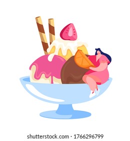 Tiny Female Character Decorate Ice Cream with Sweets, Fruits and Berries Sitting on Huge Bowl. Delicious Sweet Dessert, Summer Food, Cold Meal. Creme Brulee Icecream. Cartoon Vector Illustration