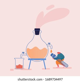 Tiny Female Character Distilling Liquid in Apparatus for Essential Oil Extraction in Lab. Herbal Aroma Therapy Cosmetic Perfumery Production, Floral Toilet Water Fragrance. Cartoon Vector Illustration