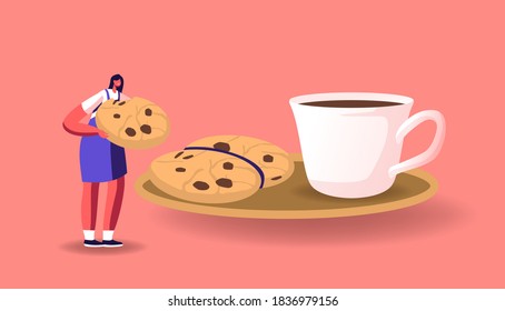 Pequeña Persona Femenina comiendo una enorme galleta con rociadores de chocolate en Saucer y Copa con café. Mujer bebiendo bebidas calientes en temporada fría, concepto de refresco matutino. Ilustración del vector de dibujos animados