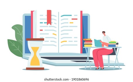 Tiny Female Character Enthusiastically Reading Sitting at Desk near Huge Open Textbook. Young Woman Student Spend Time in Library Prepare for Examination Gaining Knowledge. Cartoon Vector Illustration