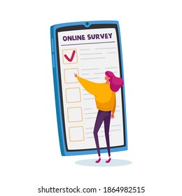 Tiny Female Character Filling Online Survey Form on Huge Smartphone Screen. Voters Questionnaire, Customers Feedback, Polling Procedure. Woman Express Society Opinion. Cartoon Vector Illustration