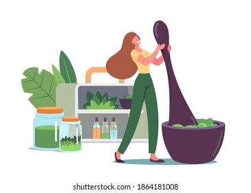 Tiny Female Character Grind Plants and Natural Ingredients in Huge Mortar for Making Traditional Medicine or Ayurvedic Remedy, Herbs and Plants on Shelf with Bottles. Cartoon Vector Illustration