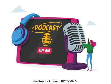 Tiny Female Character in Headset Speaking at Huge Microphone near Table Pc Conducting Audioprogram, Podcast or Online Broadcasting, Livestream, Webcasting Entertainment. Cartoon Vector Illustration