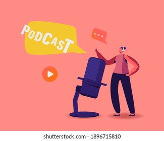 Tiny Female Character in Headset Speaking at Huge Microphone Conducting Audioprogram, Podcast or Online Broadcasting, Livestream, Webcasting Radio Entertainment, Webcast. Cartoon Vector Illustration