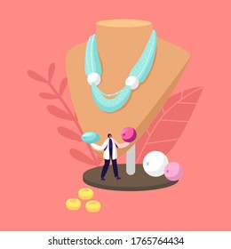 Tiny Female Character Holding Colorful Beads Stand at Huge Mannequin with Beautiful Handmade Necklace. Creative Hobby, Handcraft for Selling, Jewelry Bijouterie Concept. Cartoon Vector Illustration