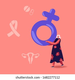 Tiny Female Character Holding Huge Venus Symbol in Hands. Estrogen and Estradiol Hormones Concept, Female Reproductive System Health Care and Control. Woman Fertility. Cartoon Vector Illustration
