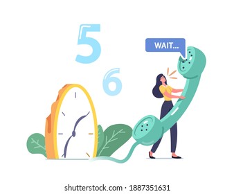 Tiny Female Character Holding Huge Telephone Tube near Melting Clock. Frustrated Woman Calling to Clinic, Emergency, Support Service, Long Waiting and Boring Concept. Cartoon Vector Illustration