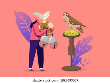 Tiny Female Character Holding Huge Professional Equipment for Falconry. Woman with Falcon Hood and Bells Prepare for Bird Hunting Show or Sport Training. Outdoor Activity. Cartoon Vector Illustration