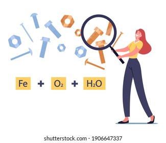 Tiny Female Character Holding Huge Magnifier Look on Formula of Chemical Reaction of Metal Corrosion with Screws and Nuts Covered with Oxide Rusty Reddish Coating. Cartoon People Vector Illustration