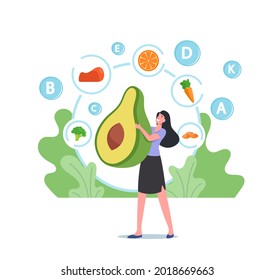 Pequeño personaje femenino con enormes frutas de aguacate fresco para la salud de la piel, desove, nutrición enriquecida, alimentos saludables para el cuidado de la piel, alimentación vegana, nutrición ecológica. Ilustración de vectores de personas de caricatura