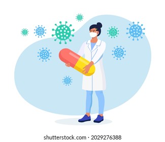 Tiny Female character holding huge pills, tablets. Pharmacist care for patient. Professional pharmaceutical science. Illness Prevention, disease treatment. Healthcare and pharmacy, drugstore