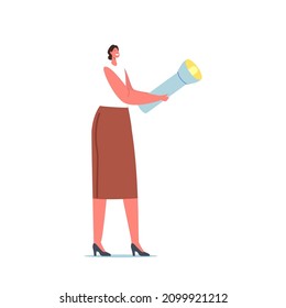 Tiny Female Character Holding Huge Flashlight Isolated on White Background. Woman Illuminating Way, Searching Idea, New Opportunity and Creative Solutions. Cartoon People Vector Illustration