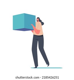 Tiny Female Character Holding Huge Cube or Block Isolated on White Background. Woman with Cubic Element Or Building Block. Concept Of Big Data Storage, Blockchain. Cartoon People Vector Illustration