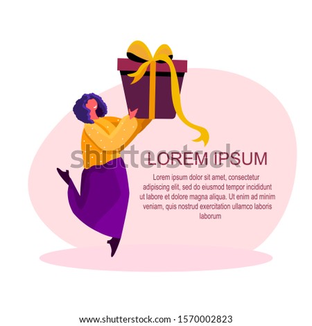 Tiny Female Character Holding Huge Gift Box Wrapped with Ribbon Present for Birthday or Christmas Eve Happy young woman bear present for her friends and relatives to celebrate Flat vector illustration