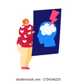 Tiny Female Character Holding Xray of Human Head with Brain Stroke, Apoplexy, Insult Attack. Doctor with X-ray of Patient. Vessel Rupture, Migraine Medial Aid, Neurology. Cartoon Vector Illustration