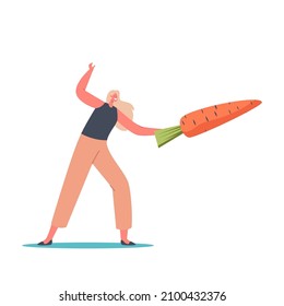 Tiny Female Character with Huge Carrot Isolated on White Background. Concept of Dieting, Healthy Eating and Active Lifestyle. Happy Woman Eat Fresh Vegetables. Cartoon People Vector Illustration