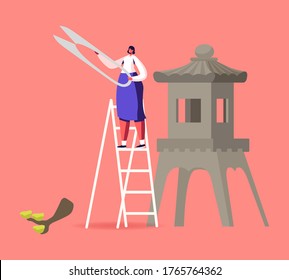 Petit personnage féminin avec d'immenses Clippers se tiennent sur l'échelle avec un Brunch d'arbre coupé au sol et une décoration asiatique. Découpage de l'arbre de Bonsai, travail de jardinage, loisir ou occupation. Illustration Vectorielle de dessin animé