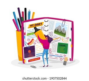 Tiny Female Character at Huge Diary Writing Notes, Memoirs, Planning Deals, Filling To Do List, Put Stickers and Pictures, Girl Highlighting Titles in Private Notebook. Cartoon Vector Illustration