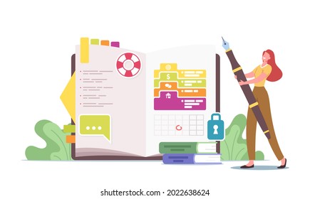 Tiny Female Character at Huge Diary Writing Notes, Memoirs, Planning Deals, Filling To Do List, Put Stickers and Pictures, Girl Highlighting Titles in Private Notebook. Cartoon Vector Illustration