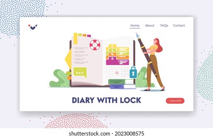 Tiny Female Character at Huge Diary with Lock Landing Page TemplateGirl Planning Deals, Filling To Do List, Put Stickers and Highlighting Titles in Private Notebook. Cartoon Vector Illustration