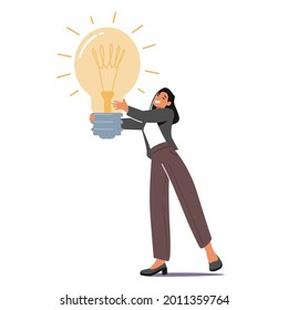 Tiny Female Character with Huge Glowing Light Bulb in Hands. Businesswoman Has Creative Idea, Muse, Business Vision, Educational Insight and Motivation, Business Success. Cartoon Vector Illustration