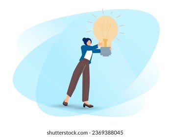 Pequeño personaje femenino con enorme bombilla brillante en las manos. La Mujer Empresarial Tiene Idea Creativa, Muse, Visión Empresarial, Información Educativa y Motivación, Éxito Empresarial. Ilustración del vector de dibujos animados.