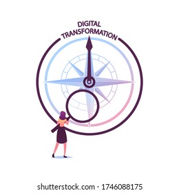 Tiny Female Character with Huge Magnifying Glass Look on Compass with Digital Transformation Direction. Global Digitization in Business Process, Optimization Solution. Cartoon Vector Illustration