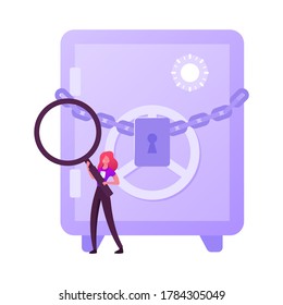 Tiny Female Character with Huge Magnifying Glass and Badge. Insider, Businesswoman, Bank Employee Stand at Safe Closed on Chain with Lock Confidential Information Research. Cartoon Vector Illustration