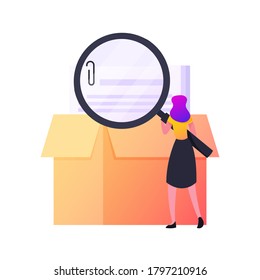 Tiny Female Character with Huge Magnifying Glass Reading Paper Document Lying in Carton Box. Committee Checking and Controlling Company Documentation, Find Secret Docs. Cartoon Vector Illustration