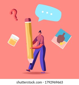 Tiny Female Character with Huge Pencil Searching for Inspiration. Woman Artist or Writer Inspired to Create Masterpiece. Creativity Hobby Planning and Organization of Work. Cartoon Vector Illustration