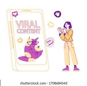 Pequeña Persona Femenina en el enorme Smartphone con gato gracioso en pantalla usando móvil. Tira hacia arriba e impactos de imán alrededor. Extensión de contenido viral, Atracción de seguidores, comentarios. Ilustración de vectores lineales