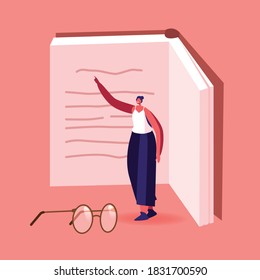 Tiny Female Character at Huge Textbook. Young Woman with Book Prepare to Examination or Make Homework. Student Girl Reading, Learning. Education in University or College. Cartoon Vector Illustration