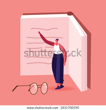 Tiny Female Character at Huge Textbook. Young Woman with Book Prepare to Examination or Make Homework. Student Girl Reading, Learning. Education in University or College. Cartoon Vector Illustration