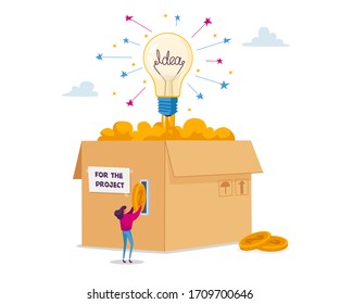 Tiny Female Character Insert Golden Money Coins at Huge Carton Box with Glowing Lightbulb Sponsoring Creative Business Start Up Project. Crowdfunding Philanthropy Concept. Cartoon Vector Illustration