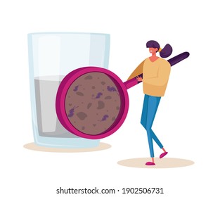 Tiny Female Character Looking on Micro Organisms Living in Dirty Water through Huge Magnifying Glass. Woman Demonstrate Microbes in Unfiltered Aqua. Waste, Water Filtering. Cartoon Vector Illustration