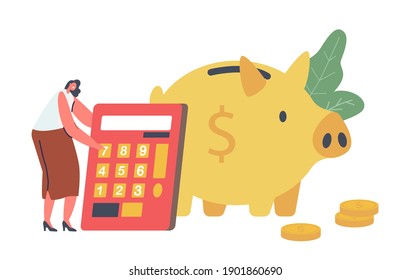 Tiny Female Character Online Tax Payment, Woman with Huge Calculator, Dollar Coins, Piggy Bank. Finance Budget Planning and Accounting Concept. Audit, Savings Income. Cartoon Vector Illustration