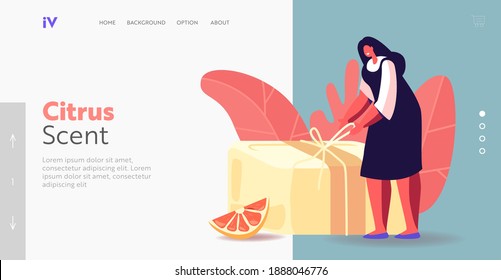 Tiny Female Character Packing Huge Bar of Handmade Soap Landing Page Template. Woman Wrapping Lather with Organic Rope. Natural Product for Hygiene and Body Care, Gift. Cartoon Vector Illustration