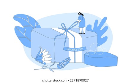Tiny Female Character Packing Huge Bar Of Handmade Soap Prepare For Sell Or Gift Presenting. Woman Wrapping Lather