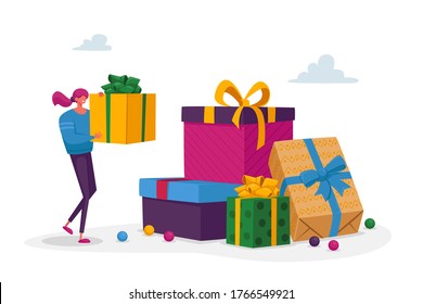 Tiny Female Character Prepare for Birthday, Valentine, Christmas or New Year Party Celebration. Woman Put Wrapped Box on Huge Heap of Presents. Girl Put Gift on Stack Top. Cartoon Vector Illustration
